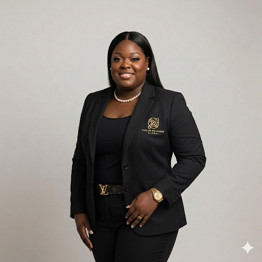 Tiffany Elle in a black suit with Parlor Exchange Global embroidery